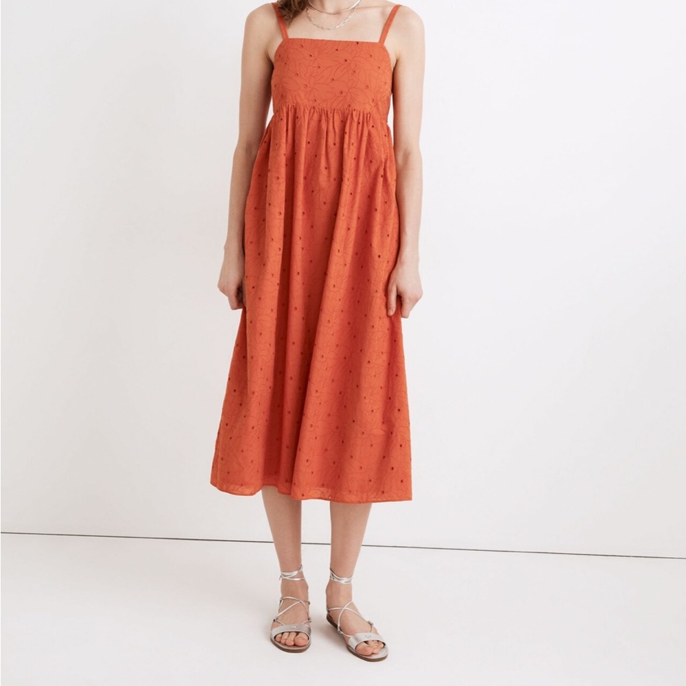Madewell Dress Womens Medium Pumpkin Eyelet Square Neck Boho Cottagecore Smocked